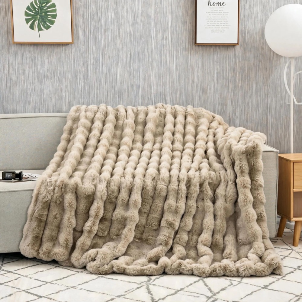 Minky Couture Hugs Blanket Taupe Tan Ribbed Faux Fur Luxury Throw 60x84